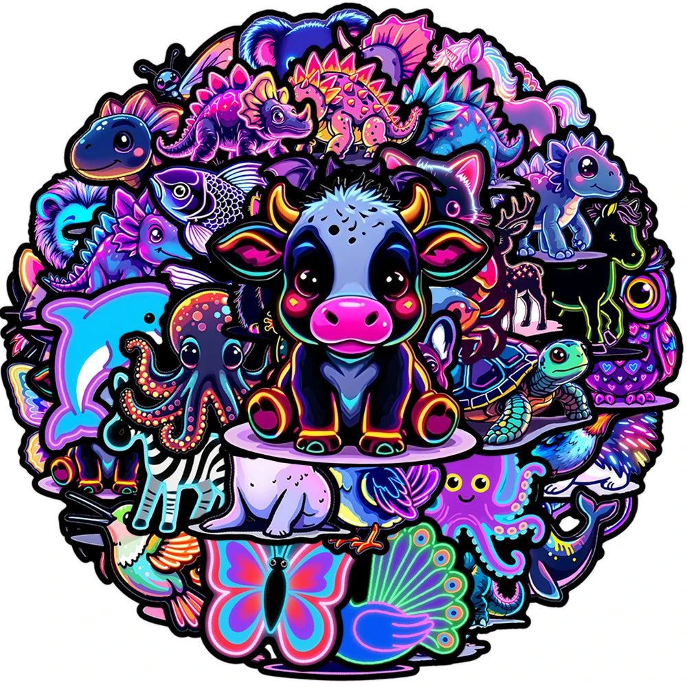 A vibrant circular sticker pack featuring various colorful and fantastical animals like dragons, mythical creatures, and cute