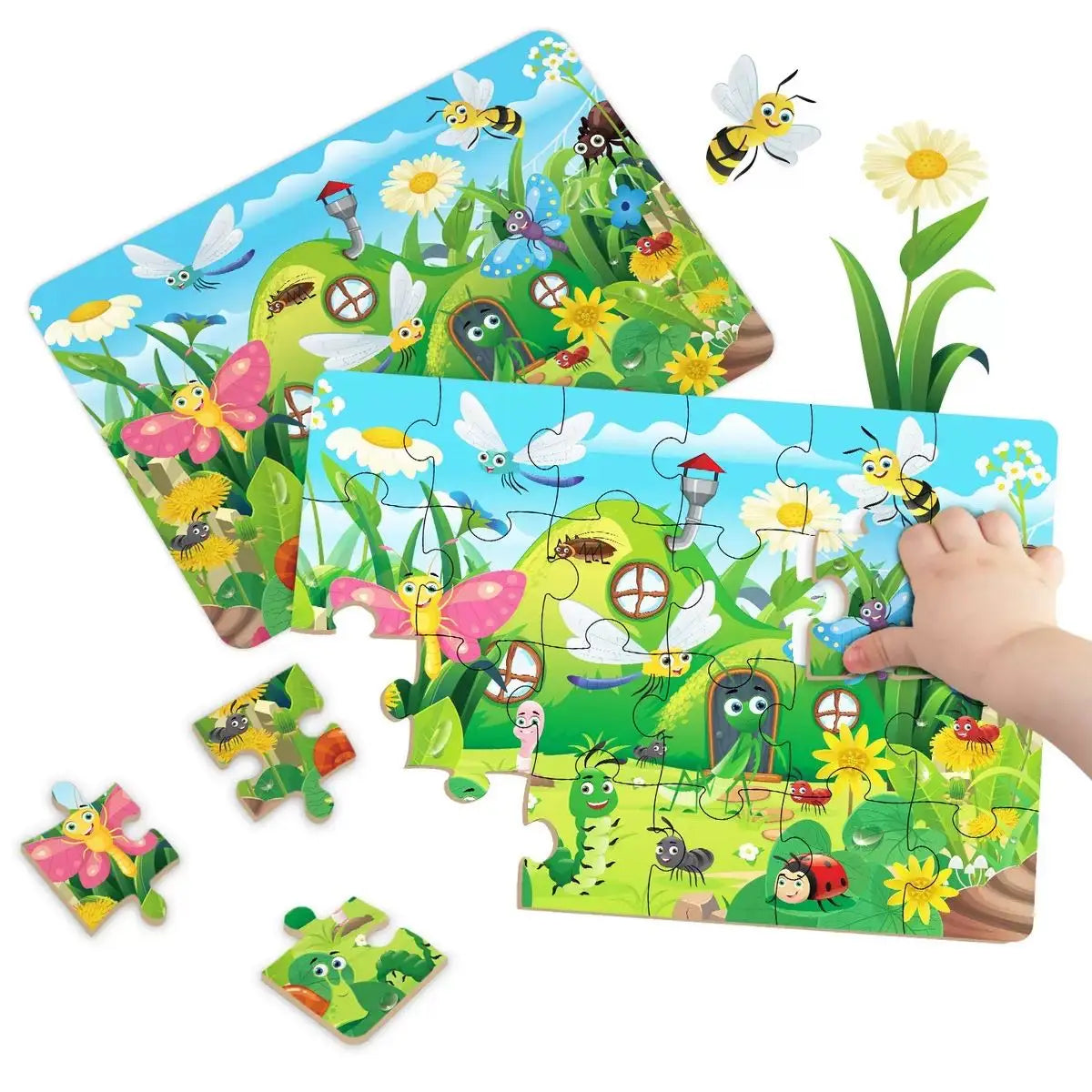 A set of colorful animal cartoon jigsaw puzzles featuring bees, butterflies, and other insects for children.