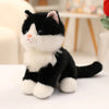 A black and white kitten plush toy with pink accents sitting on a white surface.