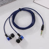 A black wired earbud cable with a blue braided cord and a gold connector.