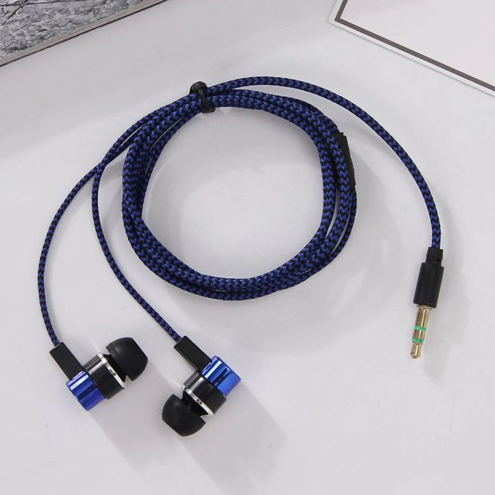 A black wired earbud cable with a blue braided cord and a gold connector.