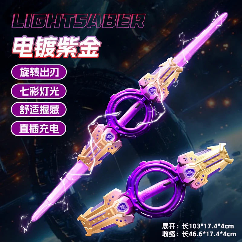 A purple lightsaber with a glowing blade and hilt, shown against a dark background.