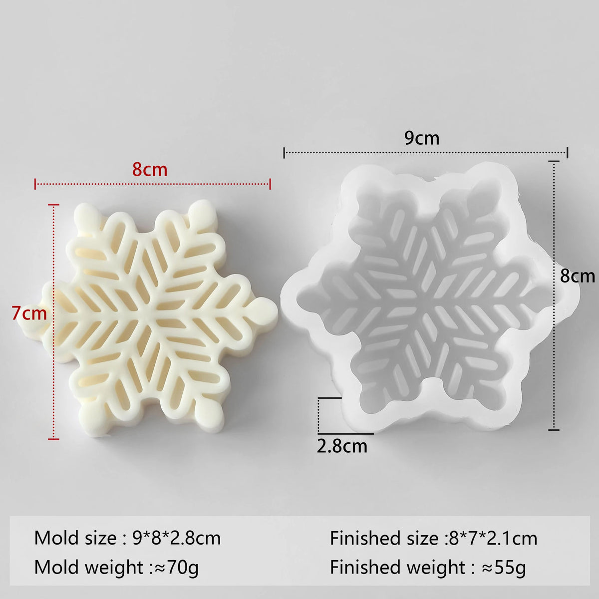 A white silicone mold shaped like a snowflake, showing both the mold and the finished product size and weight.