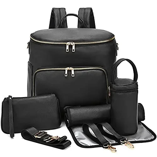 PU Leather Diaper Backpack with Changing Pad and Stroller Straps
