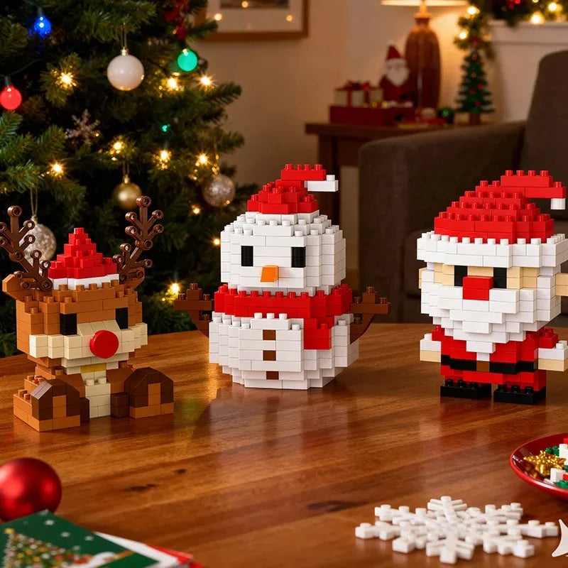 A set of Christmas micro building blocks depicting Santa and a reindeer figure on a wooden table.