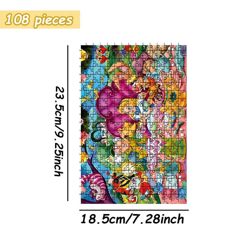 A 108 piece jigsaw puzzle depicting a colorful Alice in Wonderland tea party scene.
