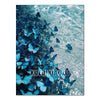 Blue butterflies float on clear water creating a serene mosaic art scene.