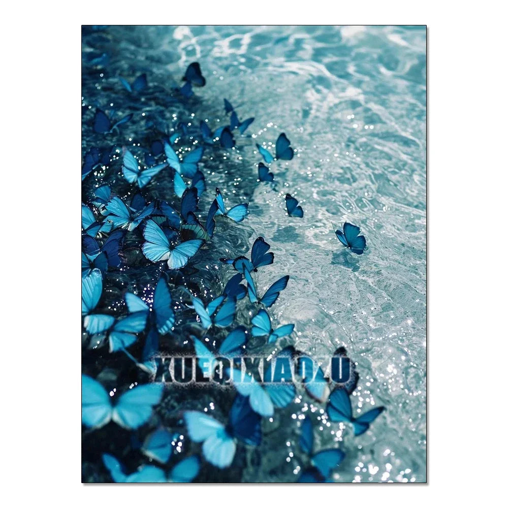 Blue butterflies float on clear water creating a serene mosaic art scene.
