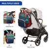 A multifunctional diaper bag backpack shown in three uses: shopping cart, backpack, and baby carrier.