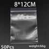 A clear resealable plastic bag containing 50 pieces of small items, measuring 8x12cm and weighing 66g.