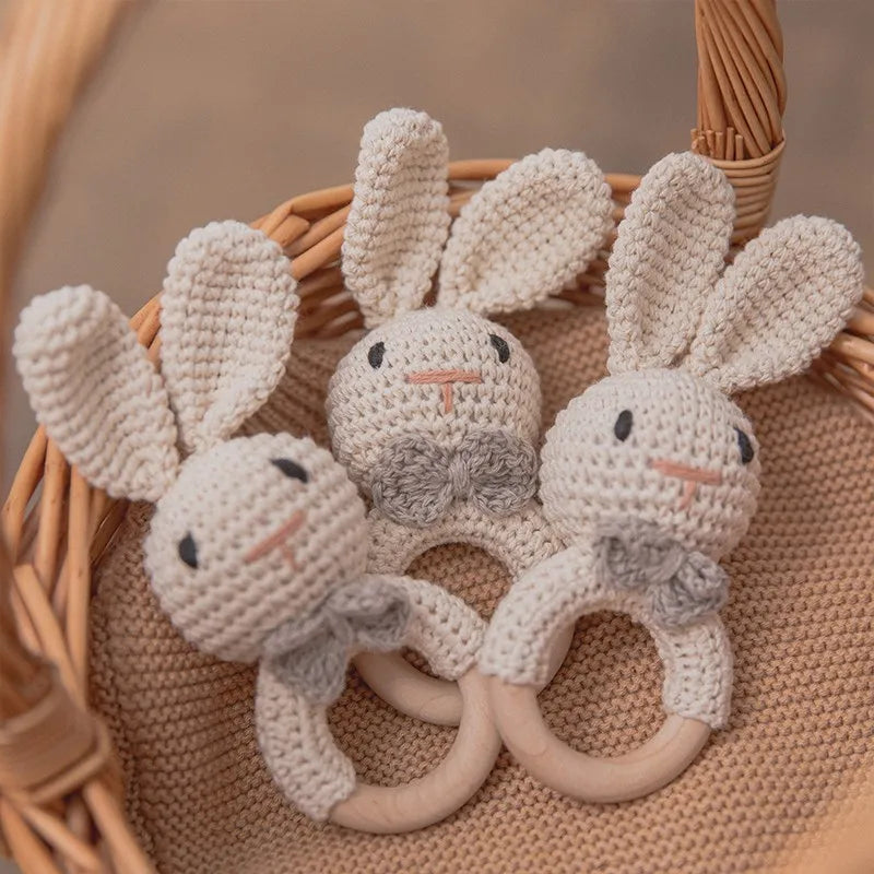 Crochet Bunny Rattle & Teether Toy with Wooden Ring