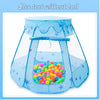 A light blue play tent with a clear plastic enclosure filled with colorful plastic balls.