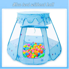 A light blue play tent with a clear plastic enclosure filled with colorful plastic balls.