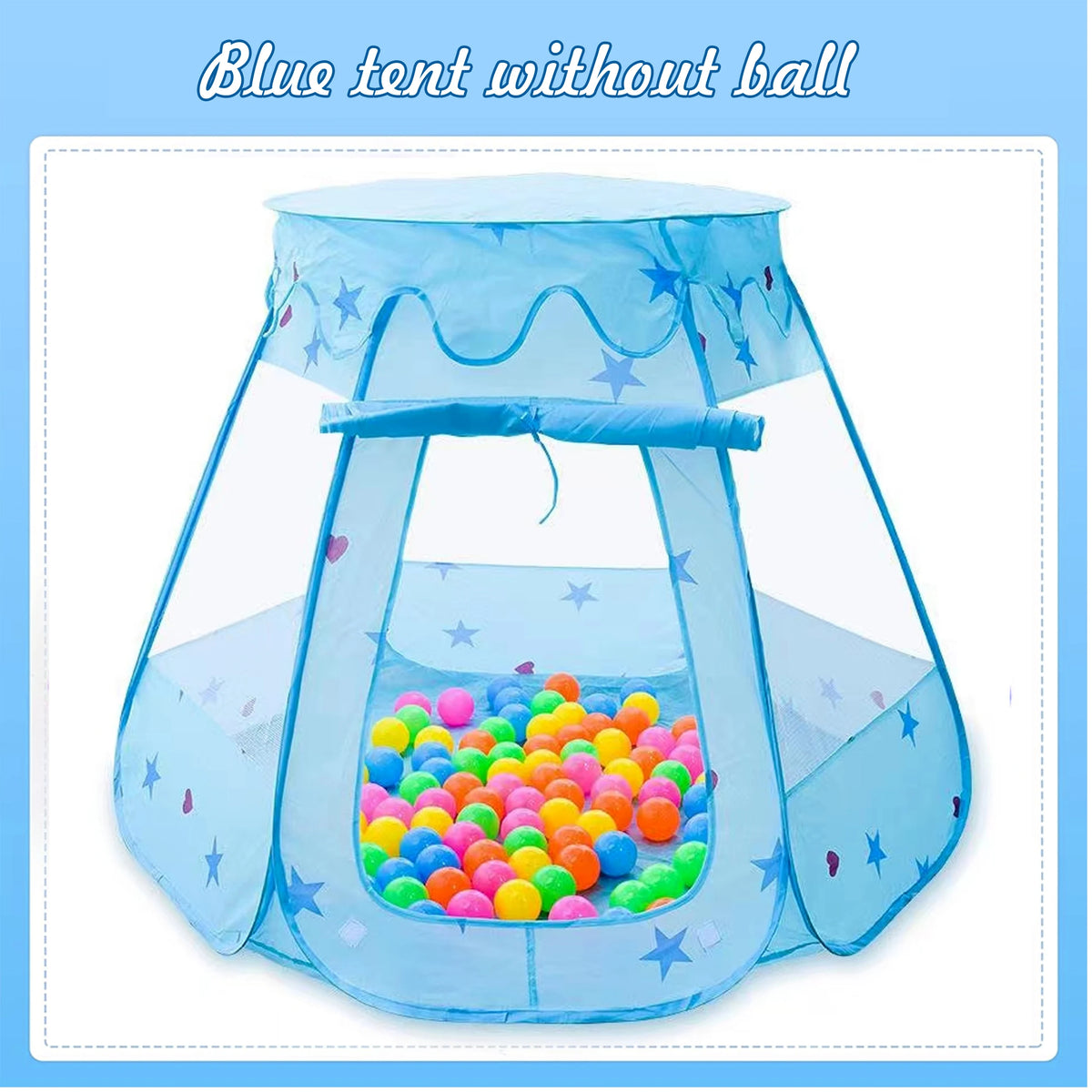 A light blue play tent with a clear plastic enclosure filled with colorful plastic balls.