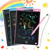 A pink 8.5-inch LCD writing tablet for kids with a stylus pen is shown alongside a blue tablet and a rainbow background.