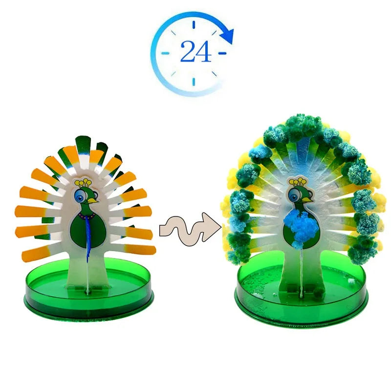 A crystal growing tree science kit showing a plant with colorful crystals blooming from the base.