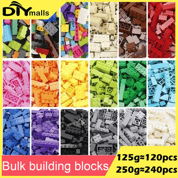 Bulk building blocks in various colors and sizes, including red, yellow, green, blue, and black plastic pieces.