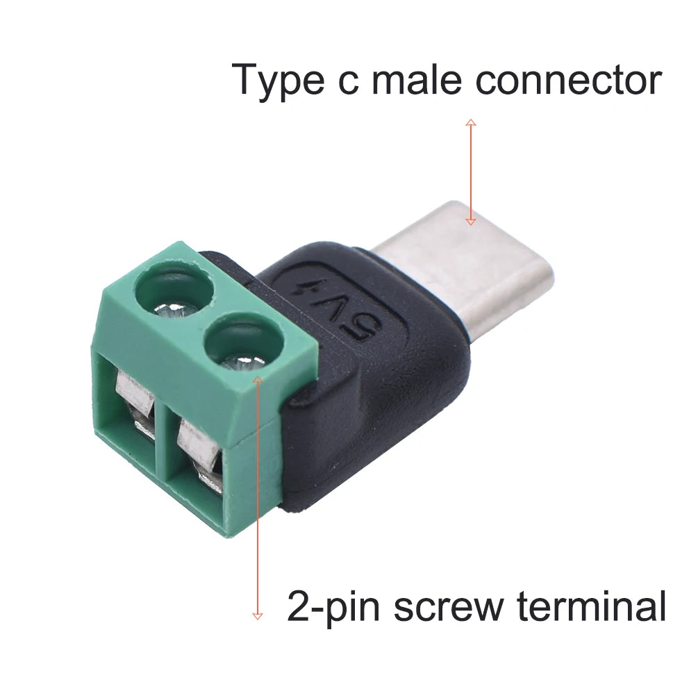 A Type C male connector with a 2-pin screw terminal shown in a close-up view.