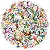 A vibrant circular illustration featuring numerous hummingbirds and colorful flowers.