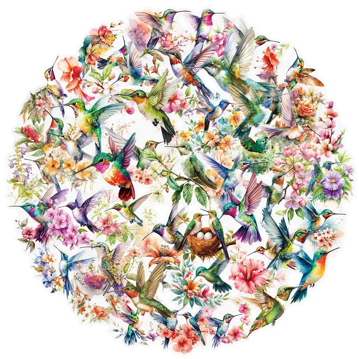 A vibrant circular illustration featuring numerous hummingbirds and colorful flowers.