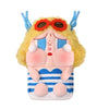 A plush vinyl figure of a crying character with yellow hair and orange goggles wearing striped clothing.