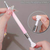 A hand is holding a pink gradient rotating mud discharge pen for nail art, demonstrating its tip and mechanism.