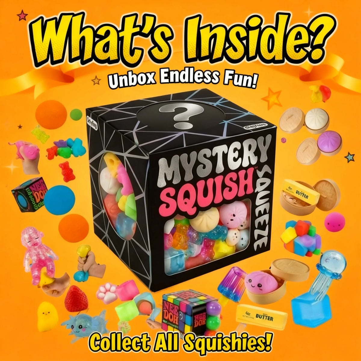 A box of mystery squish toys with various colorful squishies and accessories scattered around.
