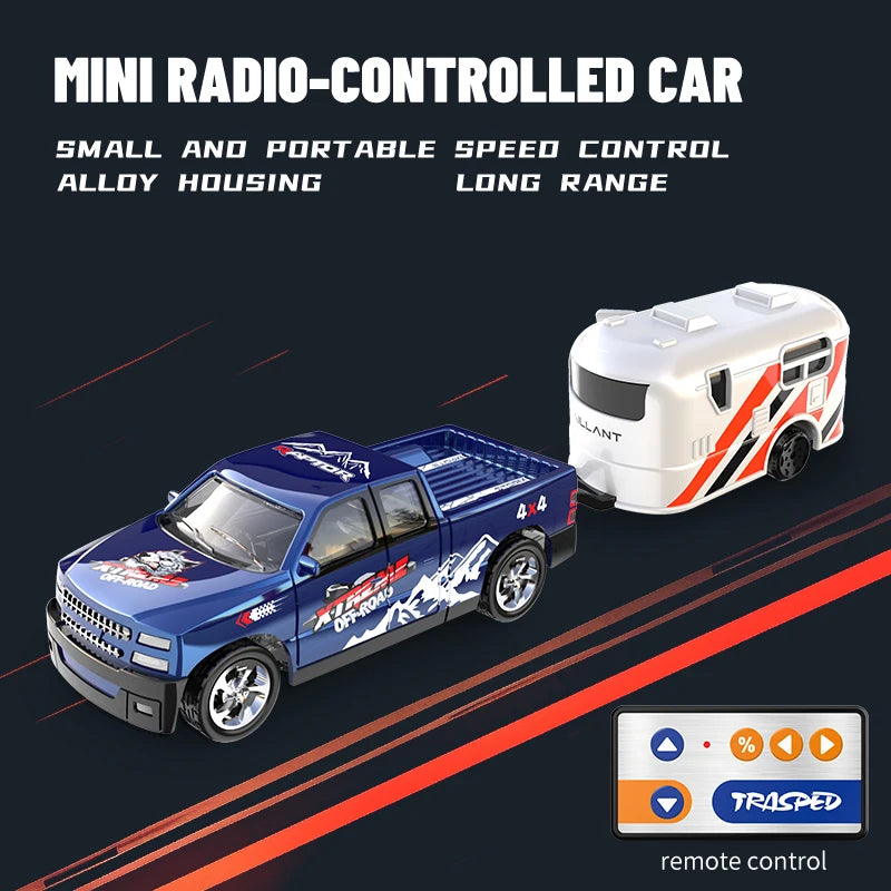 A blue mini radio-controlled car with alloy housing is shown next to its remote control.