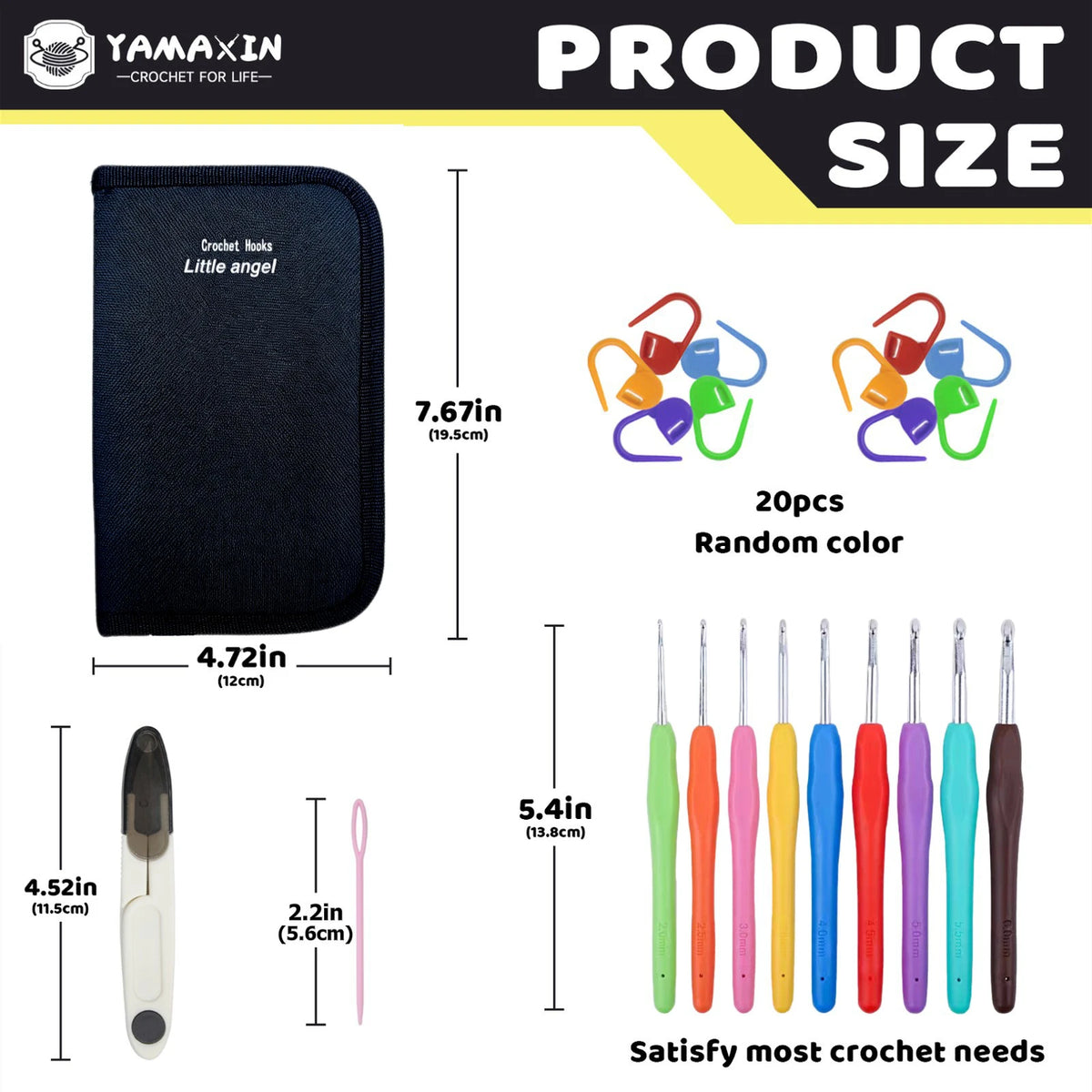 A set of crochet hooks and needles for beginners, including a dark blue pouch and various colored tools.