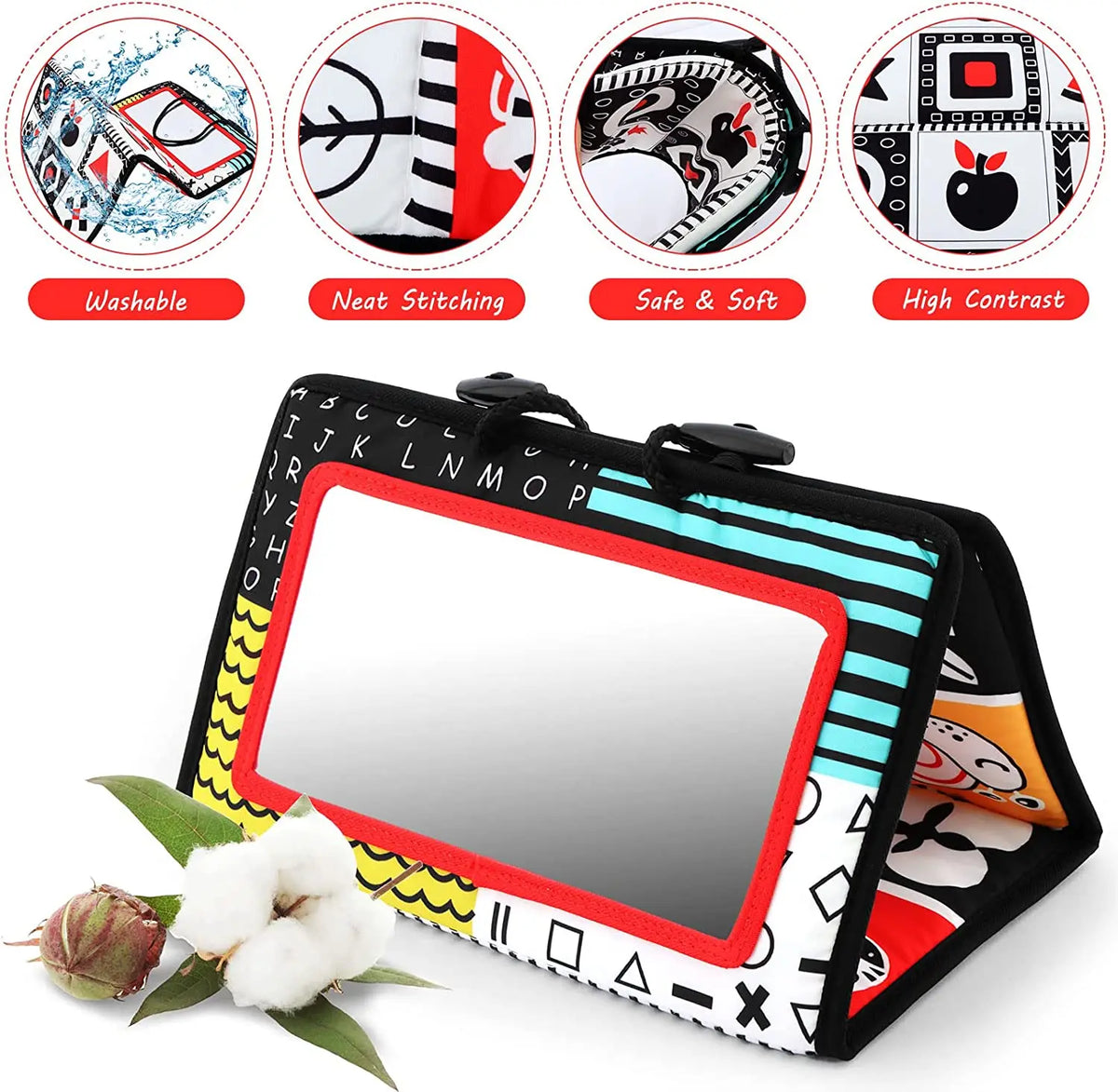 High-Contrast Tummy Time Baby Mirror with Crinkle Cloth Book and Teether