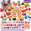 An assortment of 81 pretend play food accessories including fruits, vegetables, meats, and snacks in various colors and shape