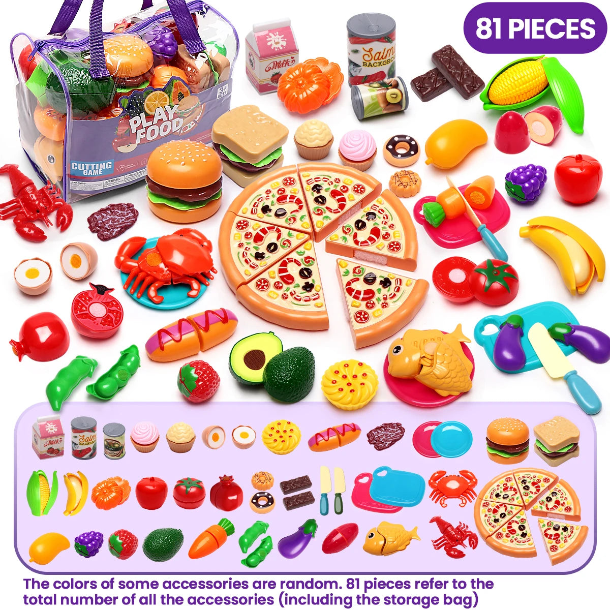 An assortment of 81 pretend play food accessories including fruits, vegetables, meats, and snacks in various colors and shape
