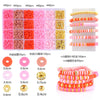 A variety of colorful clay and alphabet beads in various shades of pink, orange, and gold are displayed for DIY jewelry makin