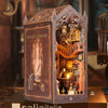 A detailed miniature magic library box featuring ornate wooden furniture and decorative elements.
