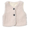 A cream-colored plush fleece vest for children, featuring a light beige lining and dark buttons.