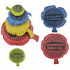 A set of colorful Whoopee Cushions including a large blue cushion, a yellow cushion, and two smaller green and red cushions.