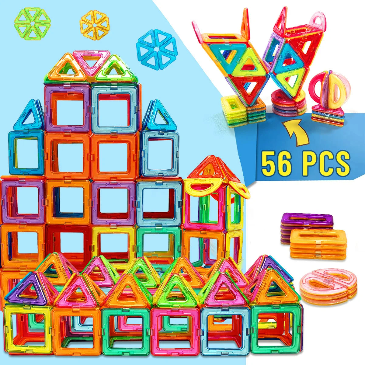 A set of 56 magnetic building blocks in various colors and shapes for STEM learning construction.