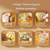 A set of six theme organs sensory toys featuring various activities like rotating, identifying direction, and plug and unplug
