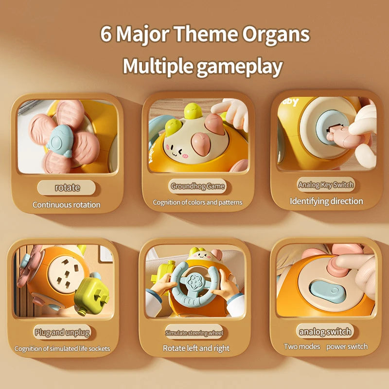 A set of six theme organs sensory toys featuring various activities like rotating, identifying direction, and plug and unplug