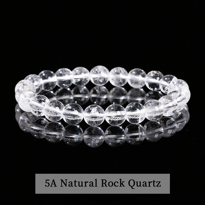 A close-up of a stretch bracelet made from 5A Natural Rock Quartz beads.