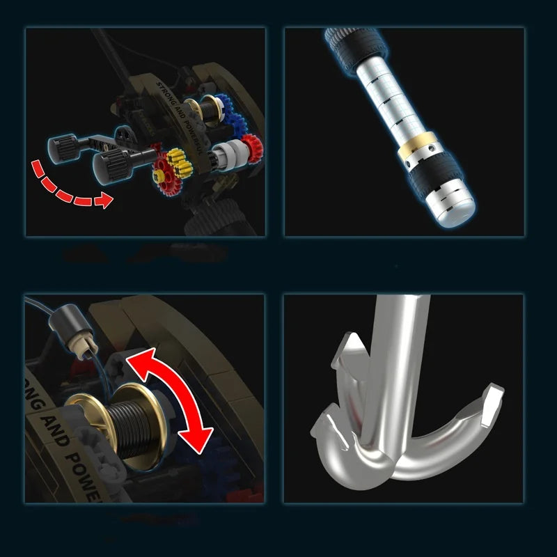 A set of fishing rod building blocks showing components for DIY construction kits, including a reel and rod sections.