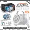 A white electric bubble machine kit including the main unit, assembly parts, and lithium batteries with a remote control.