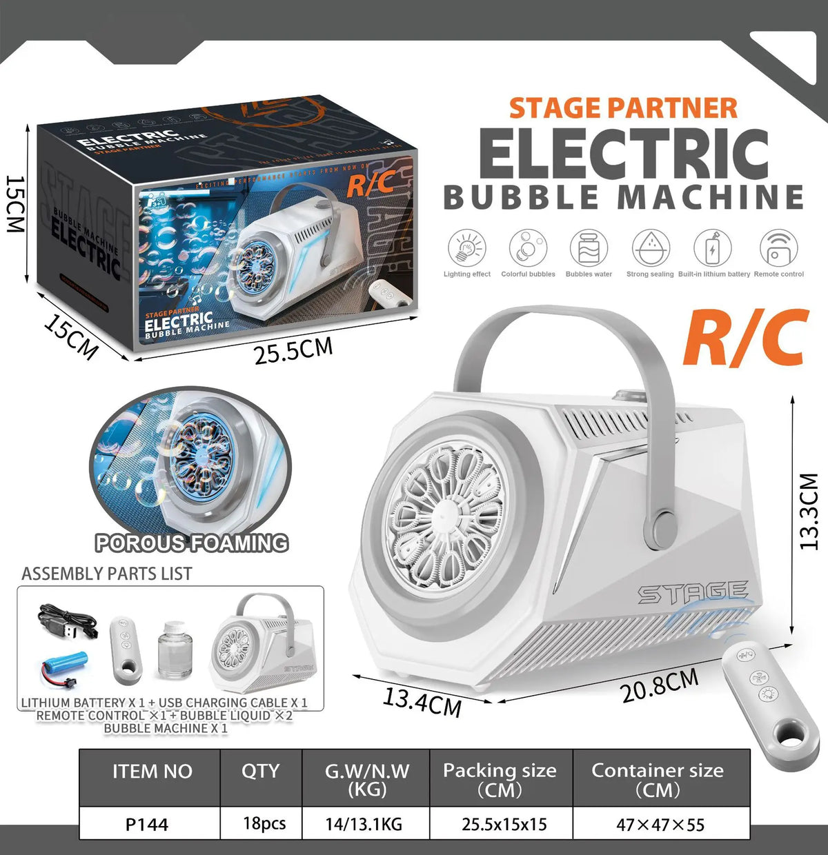 A white electric bubble machine kit including the main unit, assembly parts, and lithium batteries with a remote control.