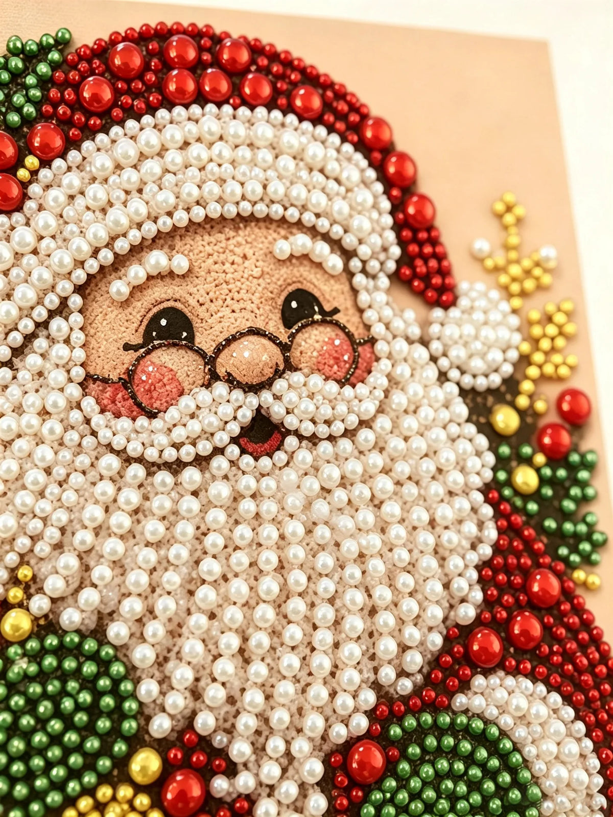 A detailed painting of a smiling Santa beard and face made entirely from white pearls, set against a colorful background.