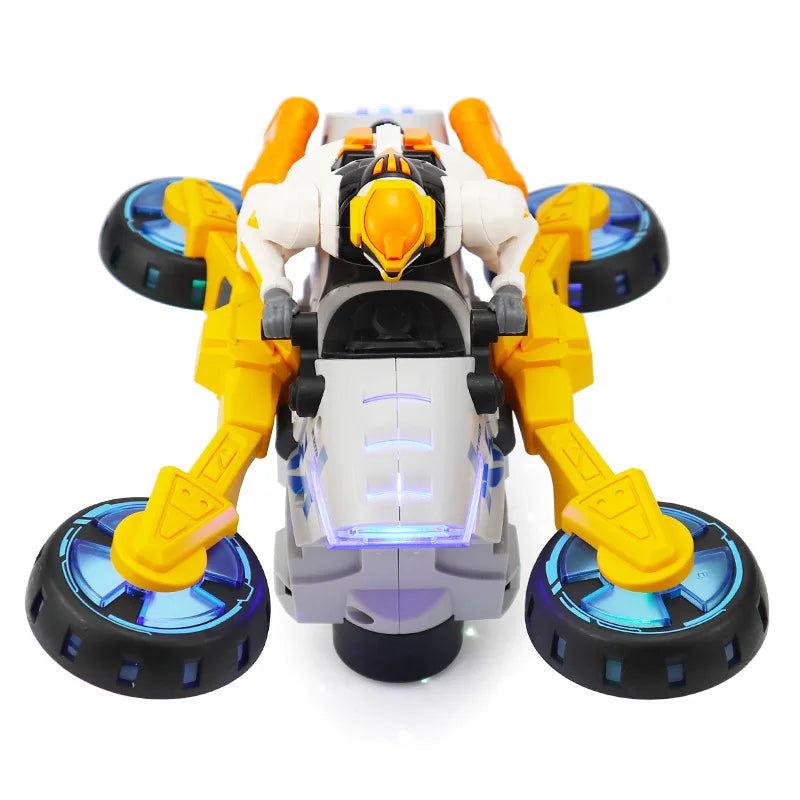 A yellow and white transformable stunt car with lights and music features large wheels.