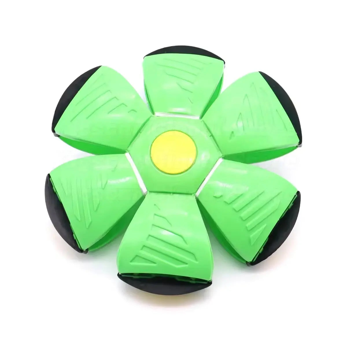 A bright lime green flying saucer ball with black accents, designed for active family fun.