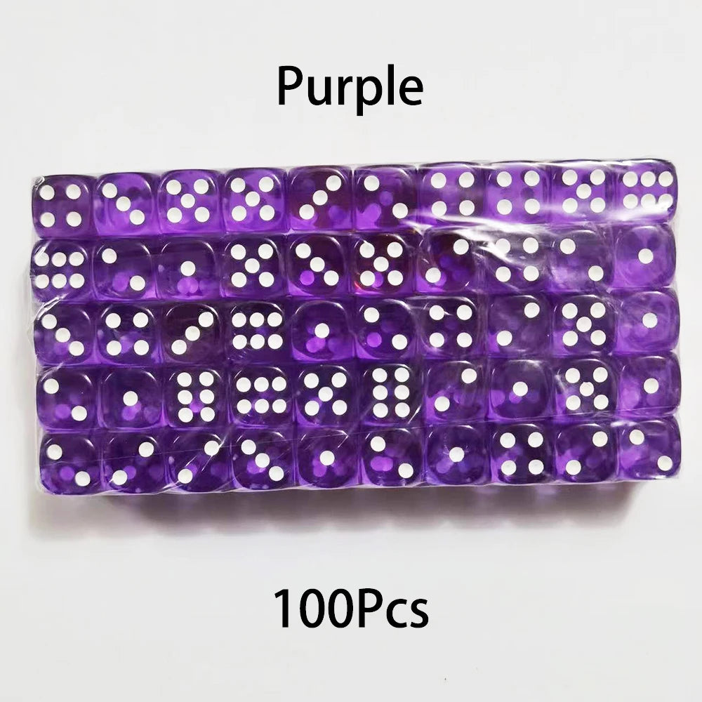 A rectangular pack of 100 purple acrylic six-sided dice for tabletop games.