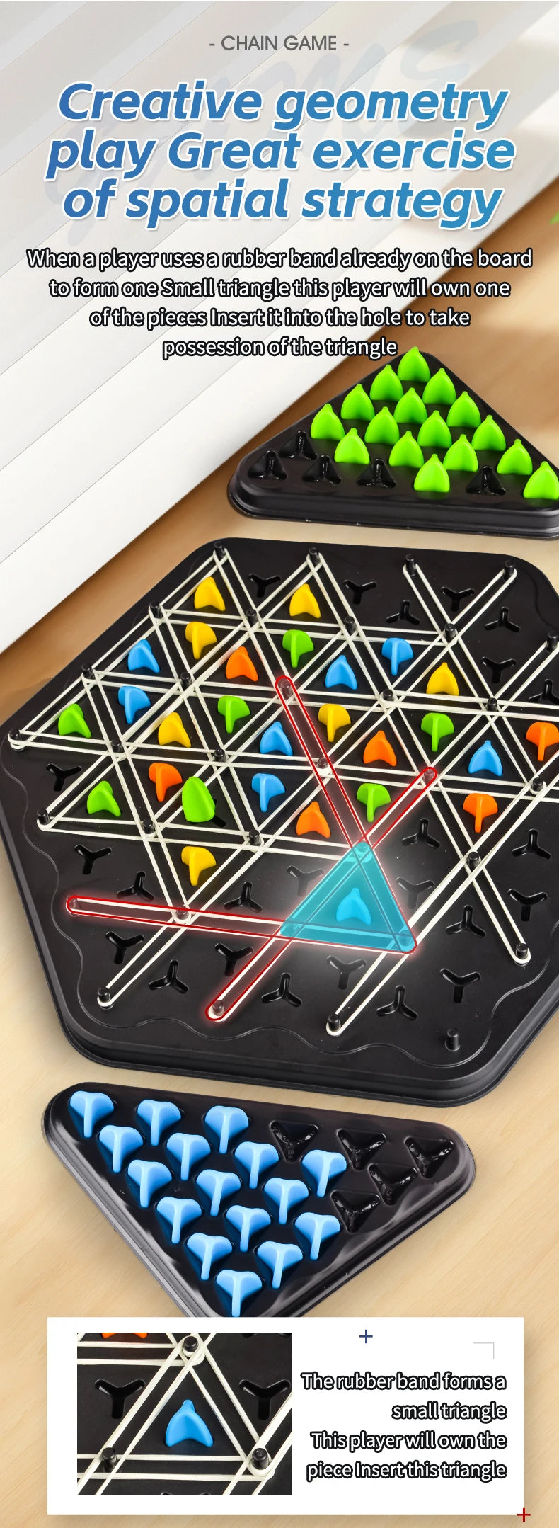 A black game board with triangular pieces and a rubber band forming a small triangle.