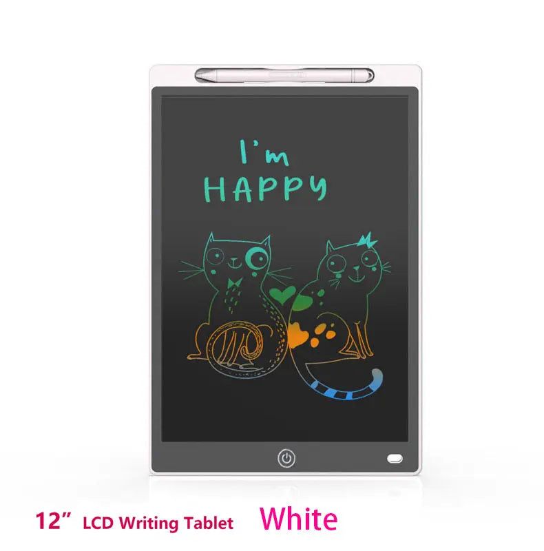لوح كتابة LCD أبيض بحجم 12 بوصة يعرض قطة سعيدة مرسومة على شاشة سوداء.
