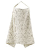 A beige breathable muslin nursing cover with a floral print and adjustable neckline.